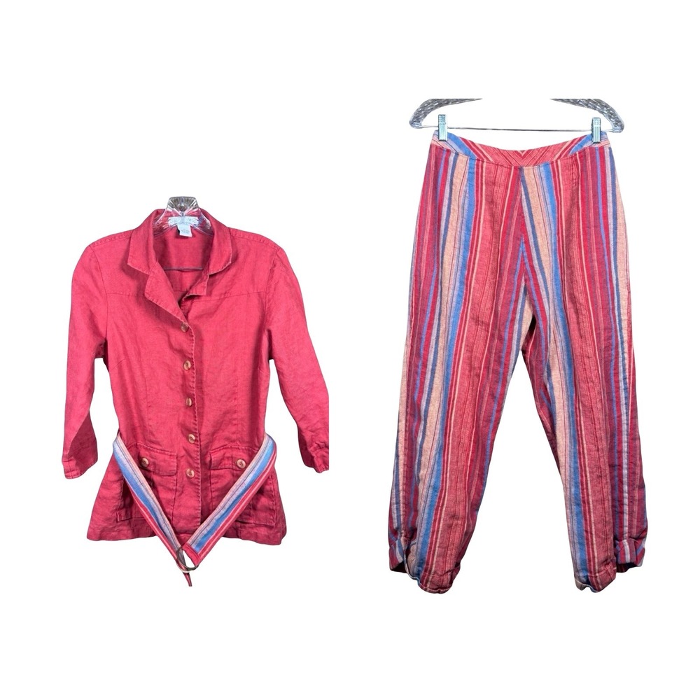 Paraphrase 2 Piece 100% Linen Set Women's Size 10 Blazer and Pants Striped Red